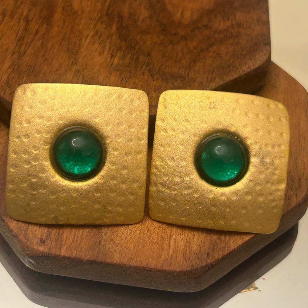 Gold Square Earrings with Green Gem